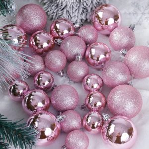 28pcs/Set Pink Christmas Ball Ornaments Set With Strings, For Christmas Tree Festival Wedding Party Home Decoration, 4/5/6cm (1.6/2/2.4 Inches) Anti-Break Christmas Tree Decorations, Glittering Holiday Hanging Decorations,Christmas Pink