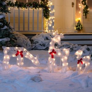 JOIEDOMI 3 Pcs 2D Christmas Reindeer Family Yard Light Decorations 60 Pre-Lit Warm White Lights With Metal Stakes For Indoor Outdoor Garden Holiday D??cor, Christmas Eve Night D??cor Multicolor