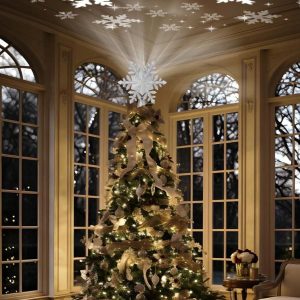 1pc Christmas Tree Topper, Glittery Gold Star Tree Topper Kinds of Projection Effects with Rotating Magic Snowflake LED Projector for Xmas Holiday Party Gift Decor Style1