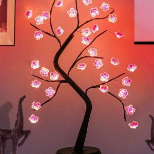 17 Inch Room Decor Desk Table LED Bonsai Tree Lamp, Christmas Cute Aesthetic Lighted Cherry Blossoms Flowers Branches Lamp, Battery and USB Plug Operated, Decorative Tabletop Xmas Decorations Style 3