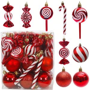 19/36 Pcs Christmas Tree Ornaments Red And White Ball Ornaments Bulk, Xmas Hanging Candy Ornaments Swirl Lollipop Ornament Candy Cane Decorations For Christmas Tree Party Decor,Christmas Red and White