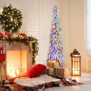 Homasis 4/5/6 FT Pre-Lit Artificial Christmas Tree Snow-Flocked Slim Pencil Christmas Tree Green 6FT