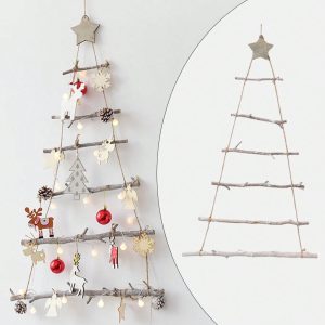 1pc Nordic Style Wooden Hanging Christmas Tree Decor For DIY, Freestanding Star Ornament, Dry Branch Wall Mounted Christmas Tree Decoration For Garden Fence, Wall, Door Wood Color