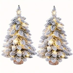 2 Pack Prelit Tabletop Christmas Tree 18 Inch Snow Flocked Artificial Christmas Tree With Lights And Wood Base, Small Flocked Christmas Tree For Porch Coffee Table Centerpiece Arrangements Home Office Holiday Decor 2pcs