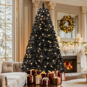 6ft Pre-Lit  Artificial Christmas Tree,Hinged Black Halloween Christmas Tree With 818 Branch Tips And 250 Lights, For Home, Office, And Holiday Party Decor,Black US A Type Plug(110-127V)