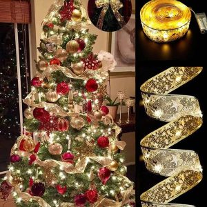 1pc Christmas Ribbon Fairy Lights, 1M/2M/5M/10M, Golden Christmas Lights, Lit Ribbon Garland Christmas Tree Golden Wreath Christmas Decoration Light, Indoor Outdoor Party Decorations,Christmas Gold