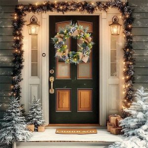 1pc Christmas Wreath 45cm/17.71in Christmas Front Door Wreath Ornament With LED Lights Pinecone Berries Artificial Pine Garland For Party Table Fireplaces Porch Walls New Years Halloween Home Decor Green With Light