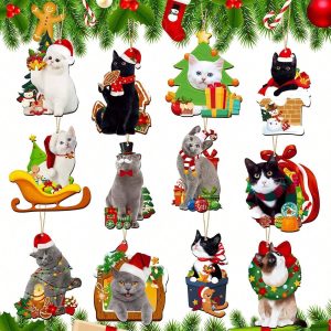 24 Pcs Christmas Cat Wooden Hanging Ornaments, Christmas Tree Wooden Decorative Pendant, Cat Ornaments For Christmas Tree Ornaments Set, Cat Decor For Cat Lovers Home Decor Gifts Multicolor