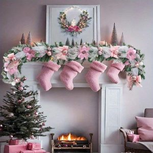 1Pc Christmas Garland Decorations, 5.9FT Luxury Christmas Garland For Mantle, Christmas Garland With Gold/Silver/Pink/Red  Ribbons Magnolia Christmas Ball For Front Door Fireplace Table Window Stairway Home Indoor And Outdoor Decor Christmas D??core Pink