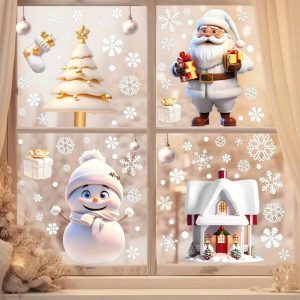 113pcs/Set Hot Selling 3D Christmas Window Clings - Double-Sided Non-Adhesive Stickers, With Santa Claus, Snowflakes, House And Tree Designs - Reusable Holiday Decorations For Home, Office And Party Christmas Celebration