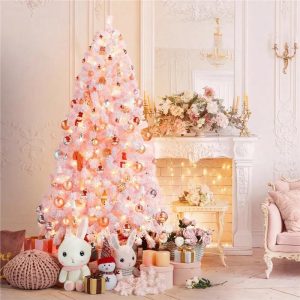 6 Ft Pre-Lit Flocked Christmas Tree With Warm Lights, Pink Pink