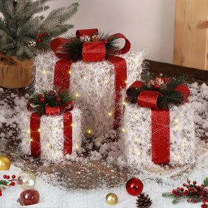 Gift Boxes Christmas Decoration, Set Of 3 Light Up White Christmas Boxes Xmas Present Boxes With Red Ribbons 60 Led Lights For Indoor Outdoor Home Decor, Christmas Decorations