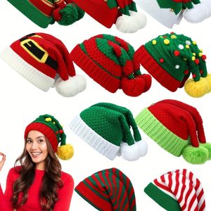 20 Pcs Christmas Knitted Beanie Hat Bulk Winter Elf Santa Hat with Pompom Unisex Xmas Knit Crochet Hats for Adult Holiday