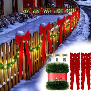 50 Feet Christmas Garland With Lights And Large Red Bows Christmas Fence Decoration Artificial Xmas Garland With 8 Pcs 28 X 10 Inch Red Velvet Bows For Outdoor Garden Fence Door (Classic)