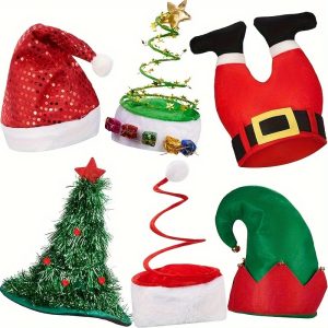 6 Pieces Christmas Hats Santa Xmas Hat Christmas Tree Hat Cap Elf Hat Coil Santa Hat Merry Xmas Carnival Party Costume Props For Mens And Womens