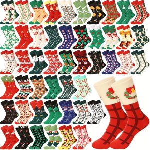 50 Pairs Christmas Socks Bulk Colorful Novelty Crew Socks Holiday Fun Fancy Christmas Gifts Soft Stretchy Patterned Cotton Socks For Women Men Adult Xmas