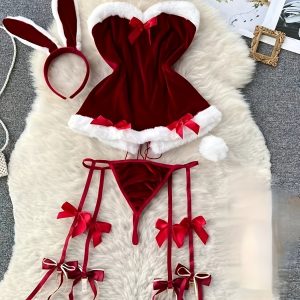 Naughty Christmas Cosplay Costume, Fuzzy Trim Colorblock Slip Dress, Women's Sexy Lingerie & Underwear