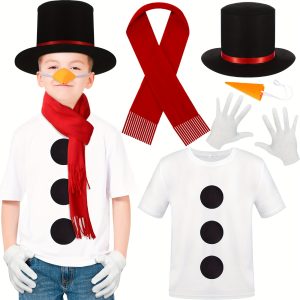 6 Pcs Snowman Costume Kit Halloween Christmas Party Frosty Costume Snowman Cosplay Supply White T-shirt With Black Balls Snowman Hat With Red Band Carrot Nose Scarf Gloves, X-Small