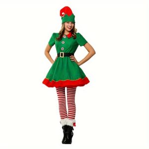 Women's 4PCS Christmas Elf Costume Set - Polyester Elf Dress, Hat, Belt, Striped Stockings for Holiday Parties & Halloween - Universal Adult Novelty Outfit without Feathers, No Electricity Required