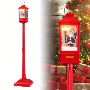 GOPLUS 61 Inch Christmas Street Lamp, Festive Musical Lamp Post w/ Detachable Snow Globe Lantern, Santa & Street Light Inside, Sound-Activated Snow falling Lamp for Home, Doorway, Porch