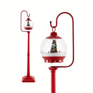 GOPLUS 68 Inch Musical Christmas Street Lamp, Festive Lamp Post w/ Sound-Activated Snow Globe Lantern, Spinning Tree, Santa, Deer & Snowman, Snowing Santa Lamp for Home, Porch