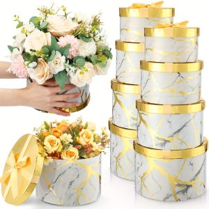 8 Set Round Nesting Gift Boxes With Lids For Presents Marble Floral Boxes Arrangements Flowers Boxes 4 Assorted Sizes With Bow For Wedding Nurse Gift Bridal Shower (Gold And White, Round)