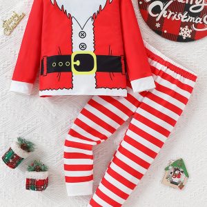 Charming Set Of Elf Costumes With Unique Christmas Patterns, Cute Set Of Hoodies Tops And Red Stripes Long Pants, Perfect For Children's Parties And Casual Wear