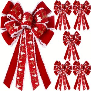 6 Pcs Extra Large Red Christmas Wreath Bows Outdoor Decorations 26 X 12 Inches Giant Christmas Tree Topper Velvet Glitter Christmas Tree Elk Bows Red Buffalo For Xmas Holiday Outside Supplies (Elk)