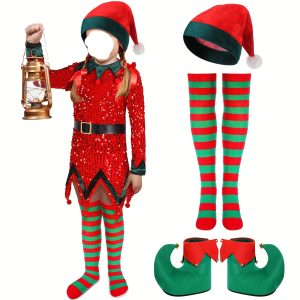 Christmas Elf Costume With Sequins Belt Elf Shoes Xmas Elf Outfit For Christmas Xmas Cosplay Party