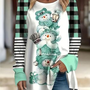 Women's Plus Size Long Sleeve T-Shirt, Christmas Snowman Print, Checkered Pattern, Round Neck, Stretchy Polyester Fabric, Elegant Knit Design, All Seasons Fashion Top