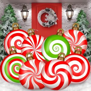 8 pcs 8-Piece Candy Pattern Giant Inflatable Christmas Balls, 32-Inch Outdoor Holiday Yard Decorations